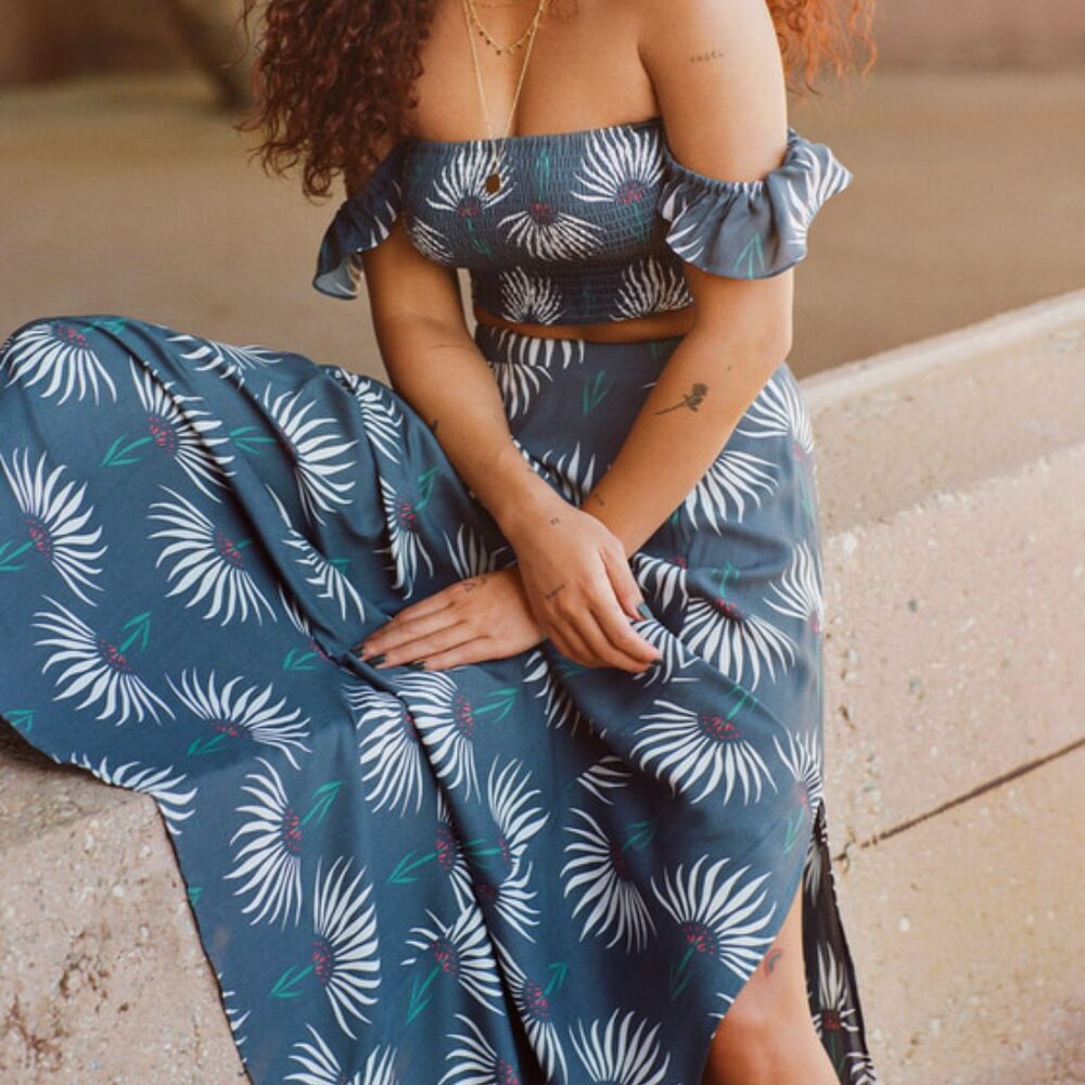 Lulus Trancoso Dusty Blue Floral Print Two-piece Maxi Dress - Size S